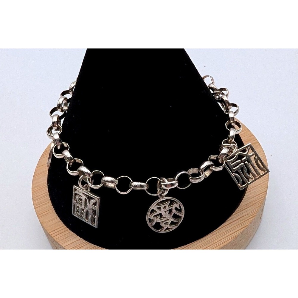 Asian Character Charm Bracelet Silver Tone Rolo Chain Toggle Clasp 7.75 Inch